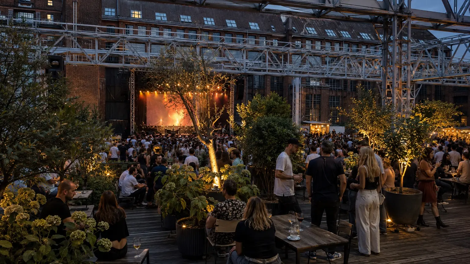 Festival Location Berlin mit Bühne, Terrasse und beleuchteten Grünflächen